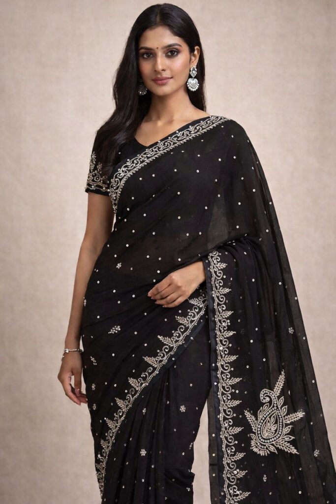 Black Space Silk Saree with Silver Embroidery, Designer Party Wear Saree, Premium Soft Silk Saree, Wedding & Festive Indian Saree