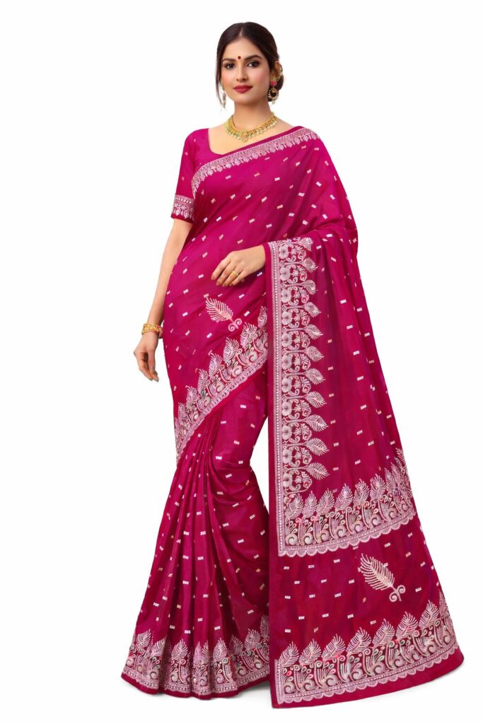 Space Silk Saree | Silver Zari Embroidery, Feather Motifs, Unstitched Blouse