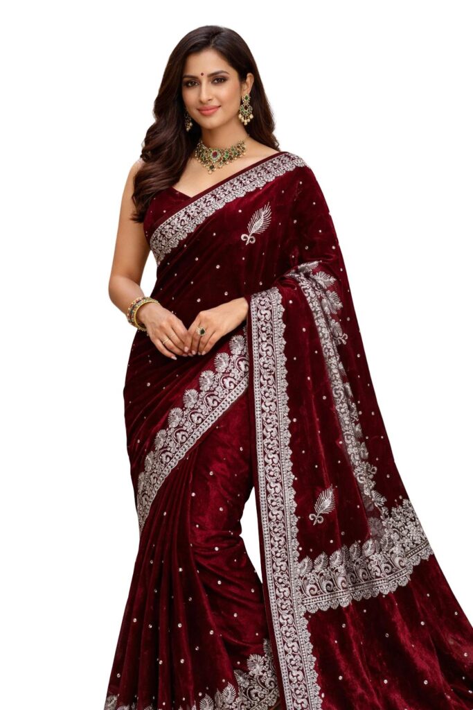 Space Silk Saree | Silver Zari Embroidery, Feather Motifs, Unstitched Blouse