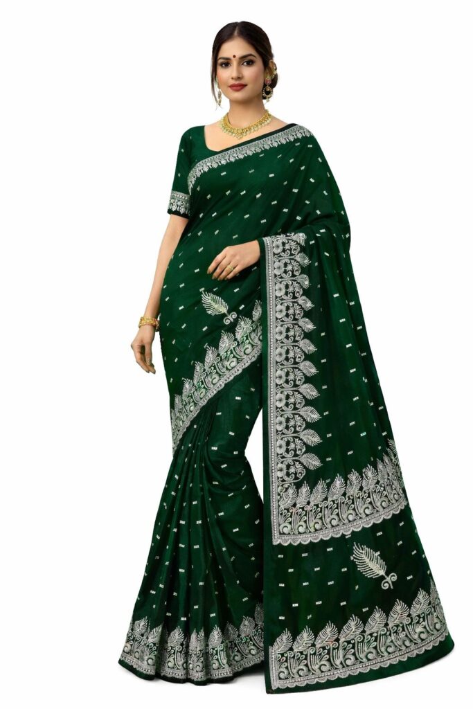 Space Silk Saree | Silver Zari Embroidery, Feather Motifs, Unstitched Blouse