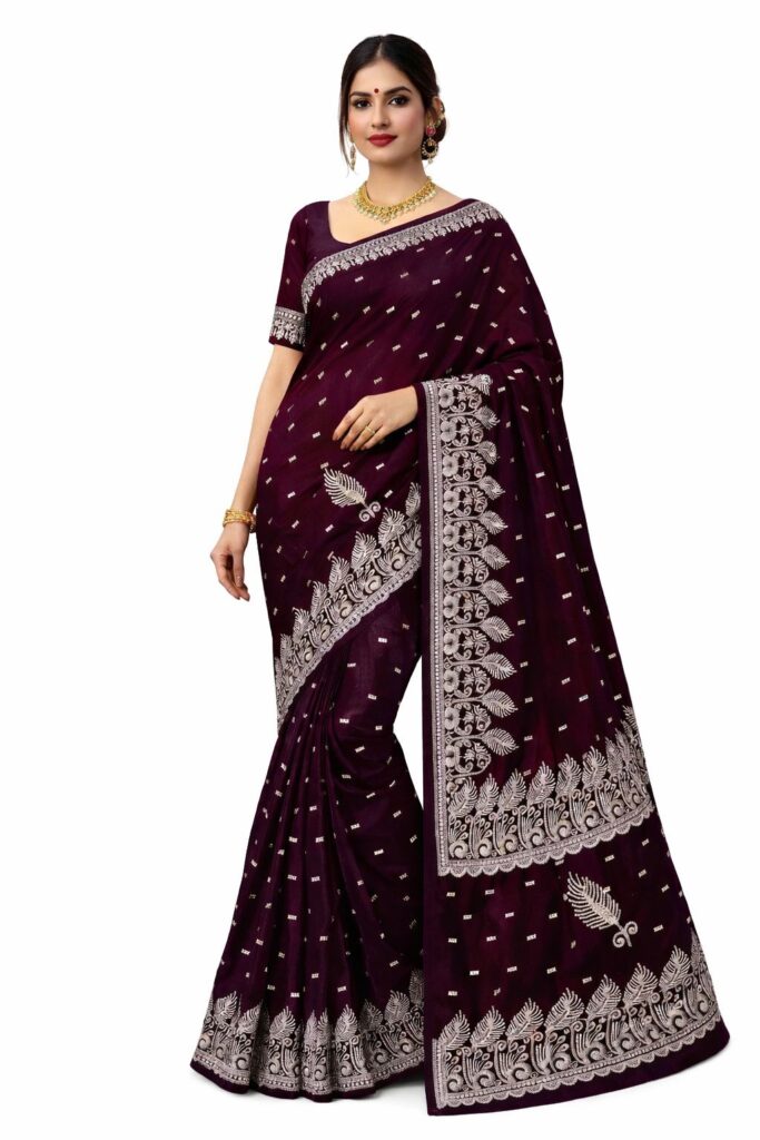 Space Silk Saree | Silver Zari Embroidery, Feather Motifs, Unstitched Blouse