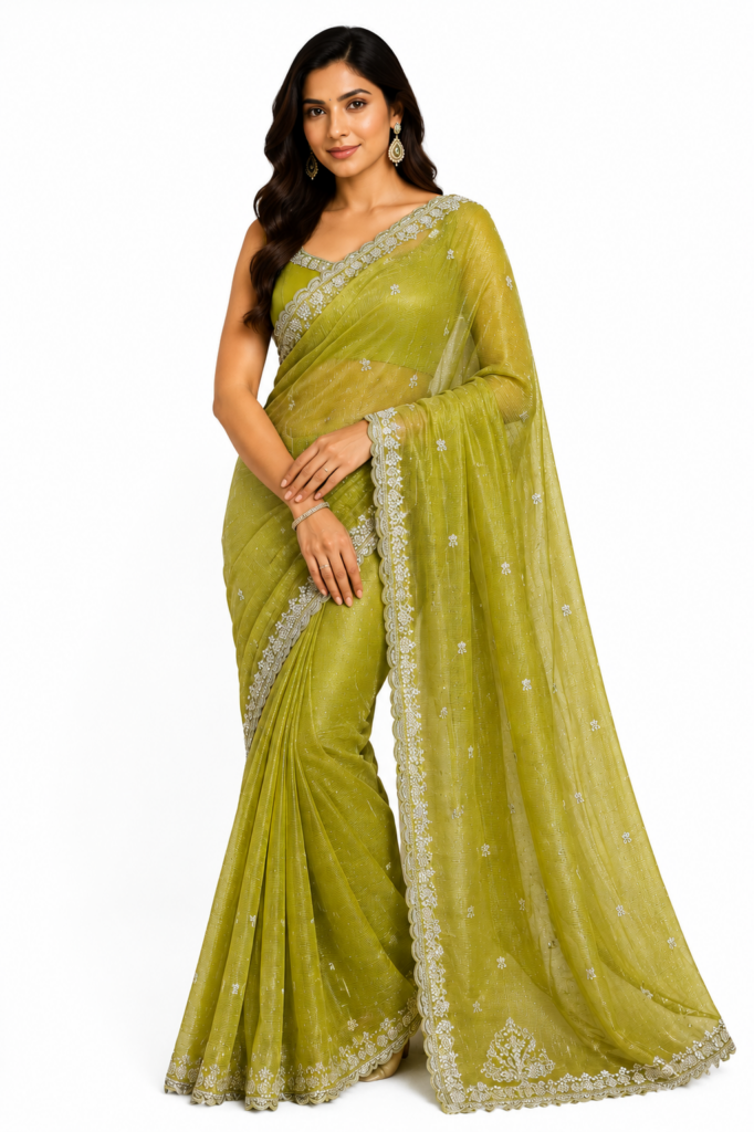 Olive Green Stone Work Saree for Women, Party Wear Designer Saree, Shimmer Saree with Embroidery Border and Blouse