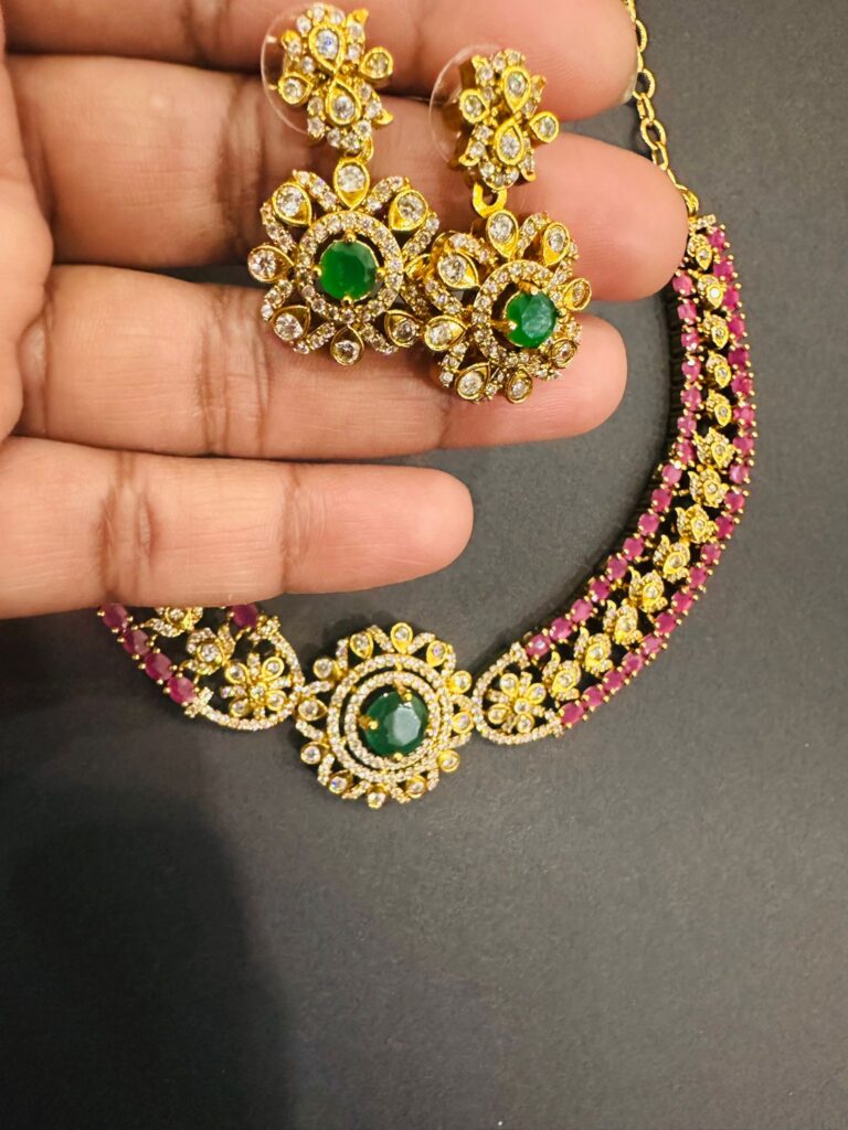 Ruby Emerald Necklace Set, Indian Bridal Jewelry, Gold Plated Choker Set, Wedding Necklace Earrings, Traditional Jewelry