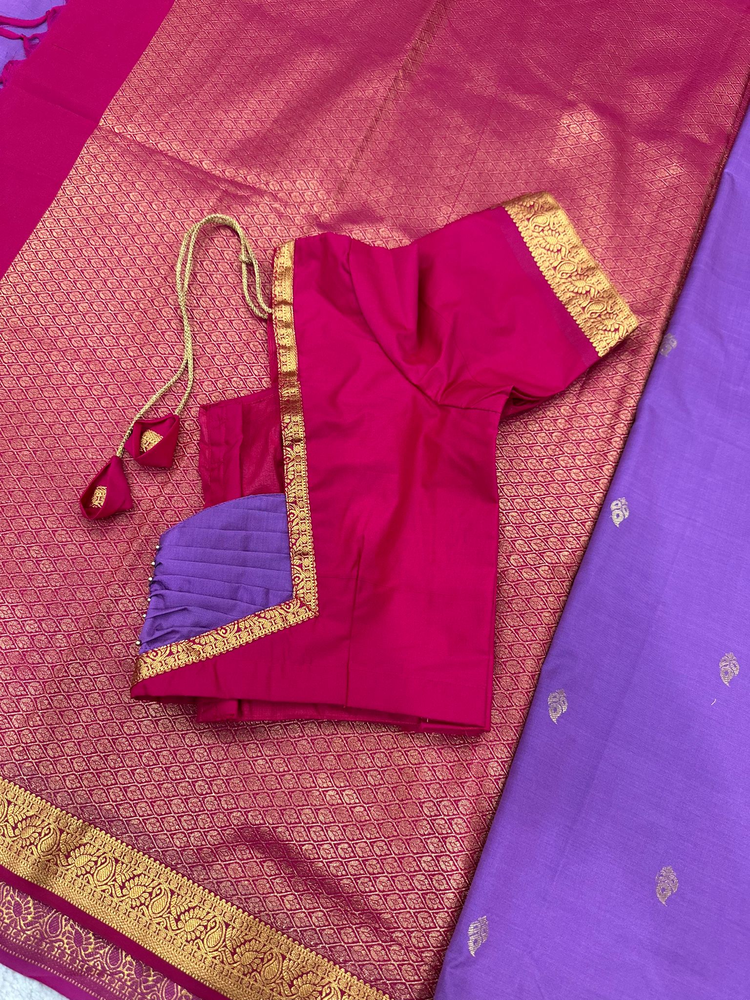 Premium Kanchi Silk Saree Purple Pink Saree With Stitched Blouse Falls Ready To Wear Wedding Traditional Saree - Image 4