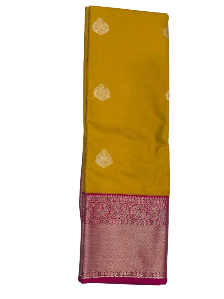 Mustard Yellow Kanchipuram Silk Saree Pink Zari Border Traditional Indian Wedding Saree Unstitched Blouse Gift