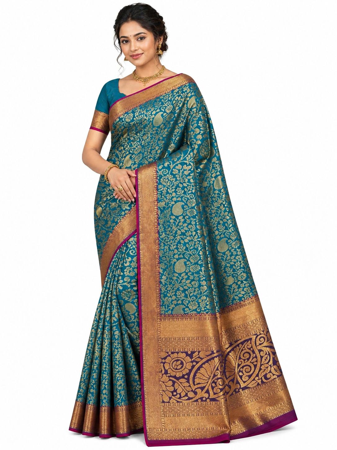 Pure Kanchipuram Silk Saree Peacock Green Pink Blouse Bridal Saree Traditional South Indian Wedding Silk Saree - Image 1