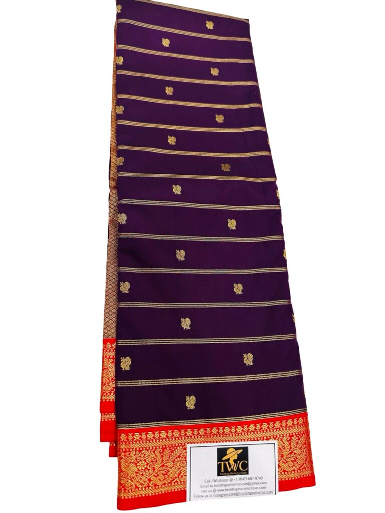 Kanchipuram Semi Silk Saree Purple Red Gold Zari Traditional Indian Saree Wedding Saree Party Wear Unstitched Blouse