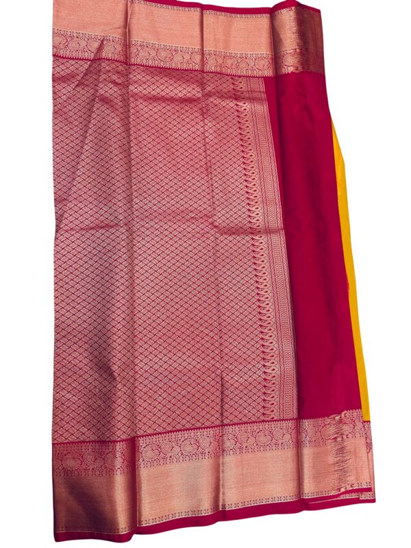 Mustard Yellow Kanchipuram Silk Saree Pink Zari Border Traditional Indian Wedding Saree Unstitched Blouse Gift - Image 4