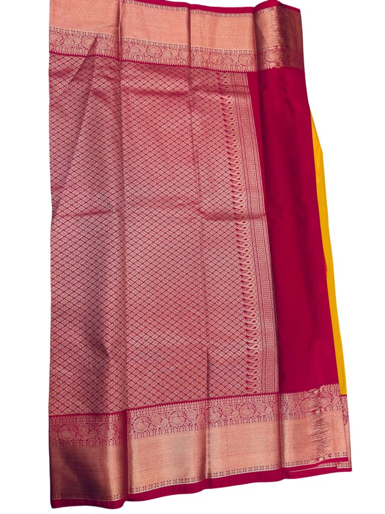 Mustard Yellow Kanchipuram Silk Saree Pink Zari Border Traditional Indian Wedding Saree Unstitched Blouse Gift
