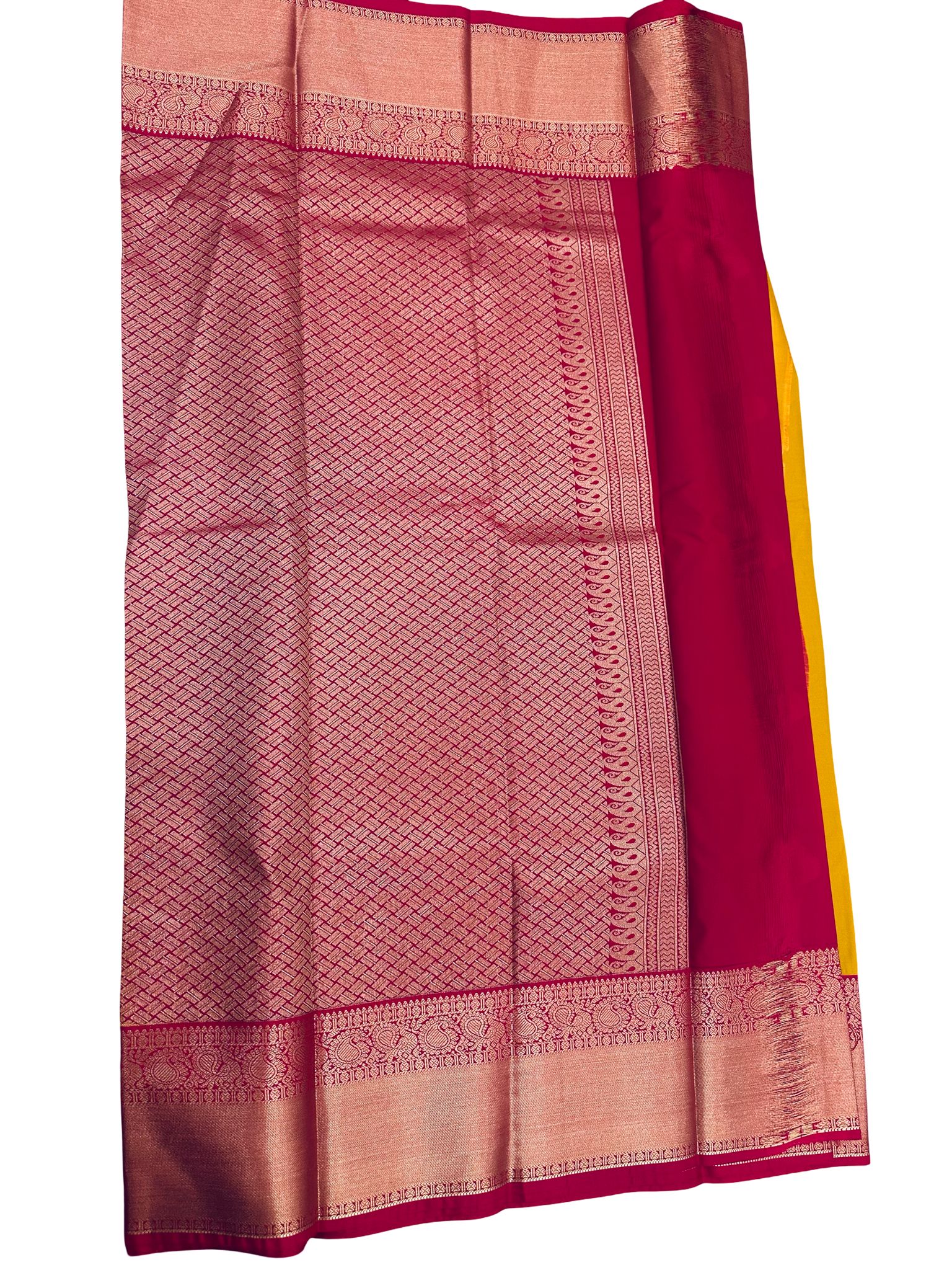 Mustard Yellow Kanchipuram Silk Saree Pink Zari Border Traditional Indian Wedding Saree Unstitched Blouse Gift - Image 4