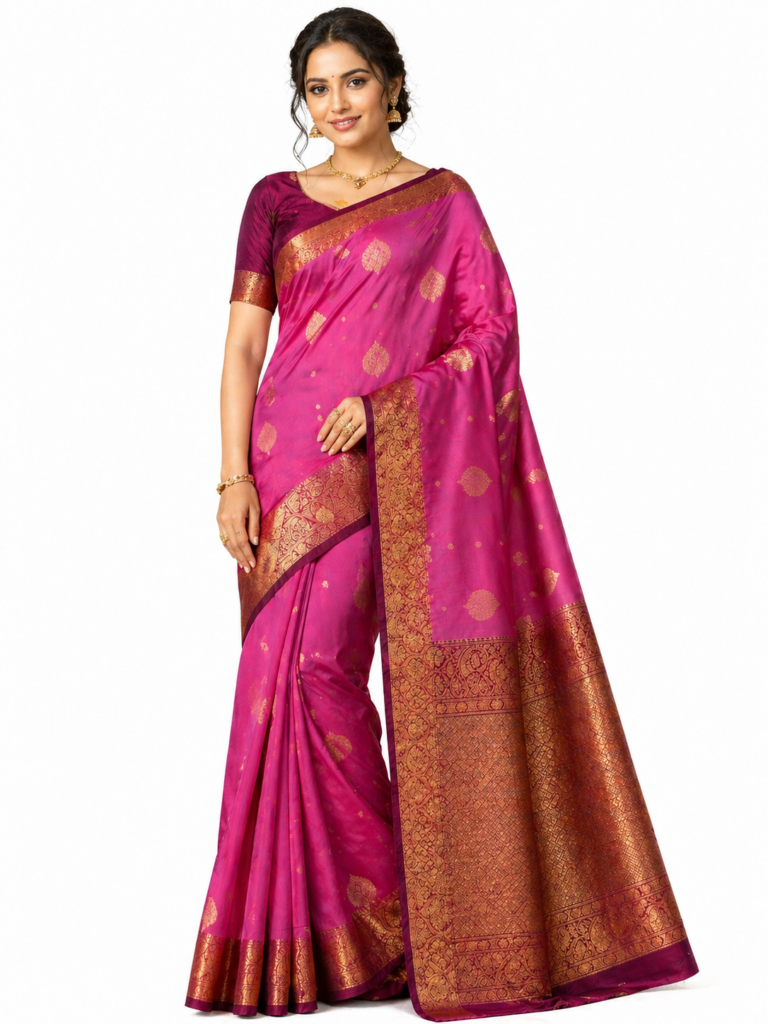Pure Silk Kanjivaram Saree Silk Mark Certified Rose Pink Gold Zari Bridal Saree Handloom Kanchipuram Wedding Saree Rich Pallu