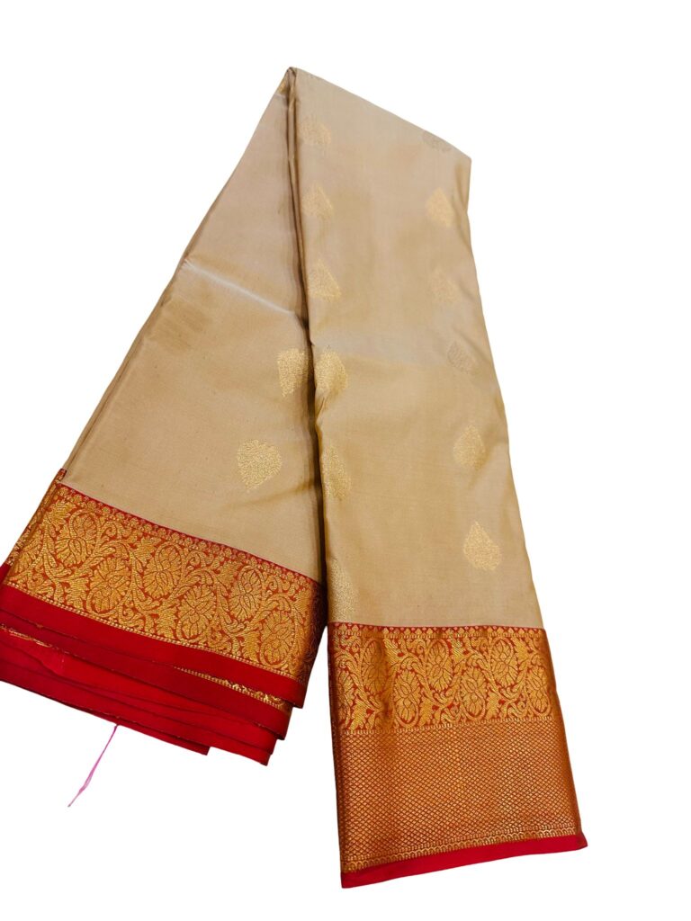Pure Silk Kanjivaram Saree Gold Beige Red Border Bridal South Indian Wedding Saree Handwoven Silk Saree Traditional Pattu Saree