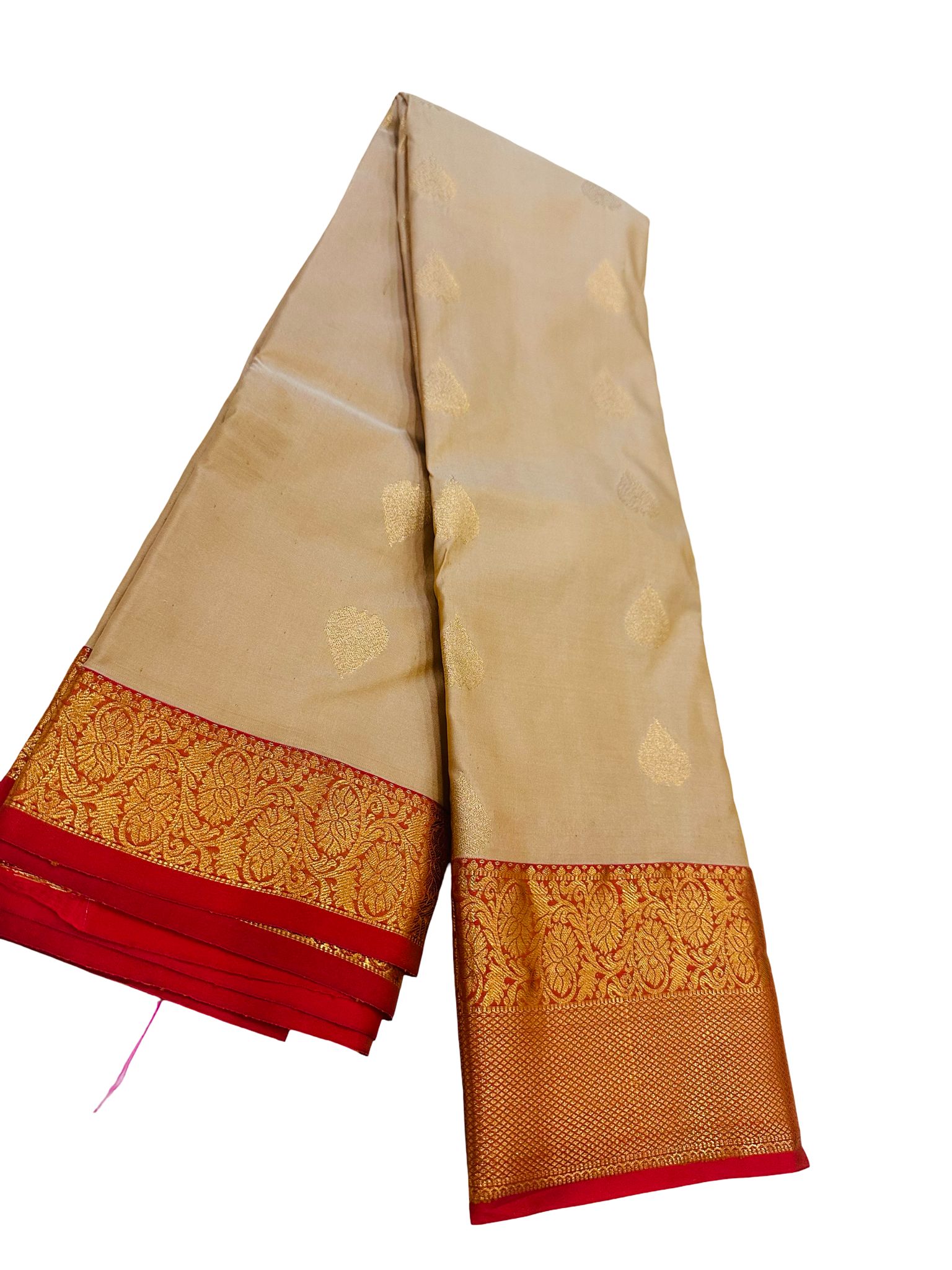 Pure Silk Kanjivaram Saree Gold Beige Red Border Bridal South Indian Wedding Saree Handwoven Silk Saree Traditional Pattu Saree - Image 3