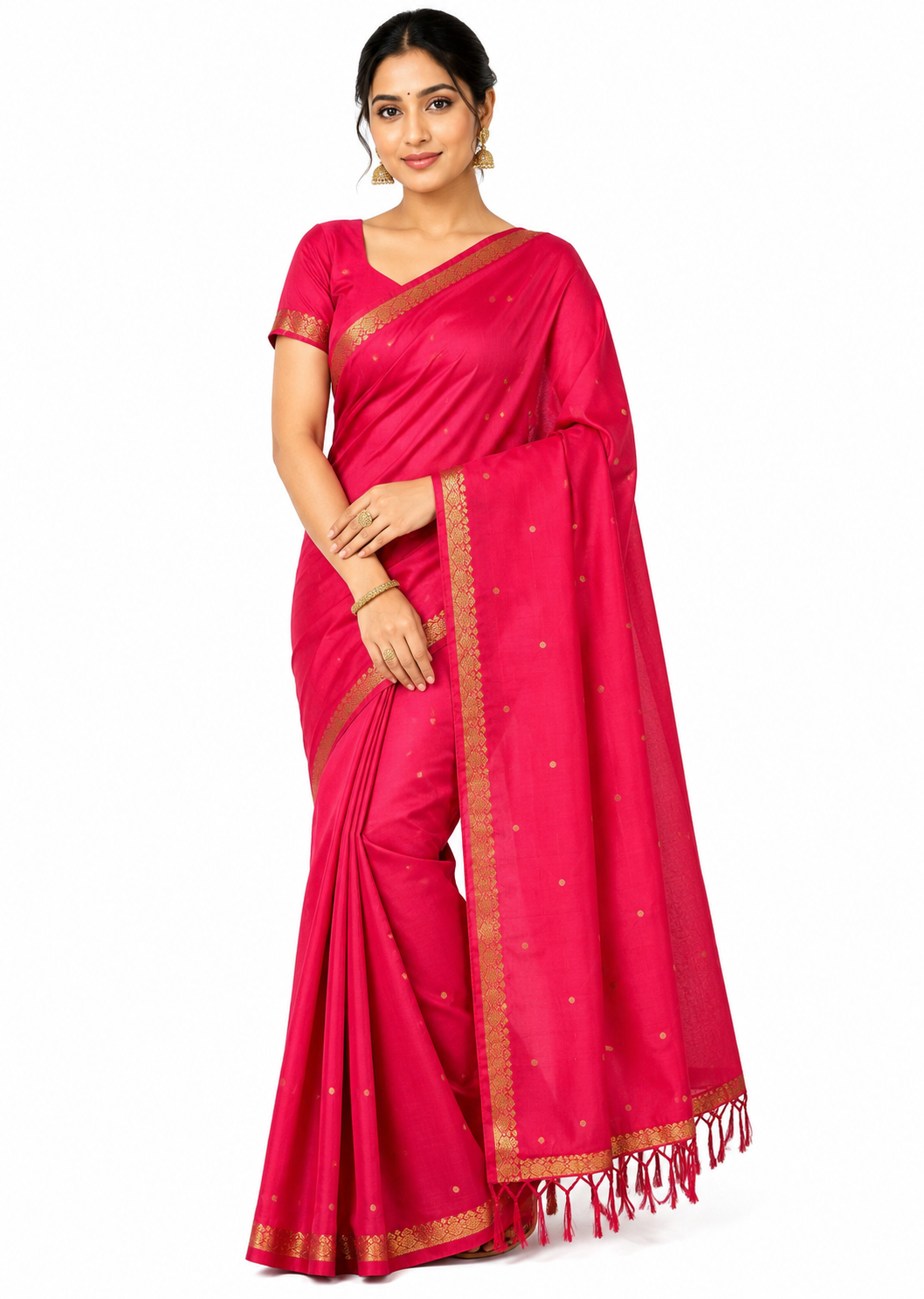 Premium Kanchipuram Silk Saree Pink Gold Zari Border Stitched Blouse Traditional Indian Wedding Saree With Falls - Image 1