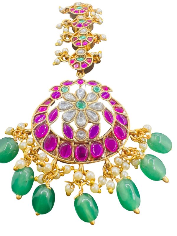 Traditional Jadau Tikka Maang Tikka Gold Plated Kundan Polki Headpiece Bridal Indian Jewelry Green Beads Ruby Pink Stones Wedding - Image 2