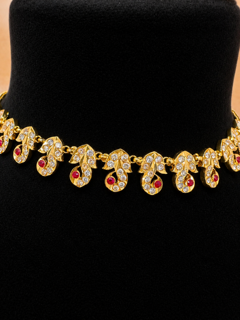 Impon Gold Plated Choker Necklace, South Indian Bridal Jewelry, Ruby White Stone Attigai, Temple Style Necklace