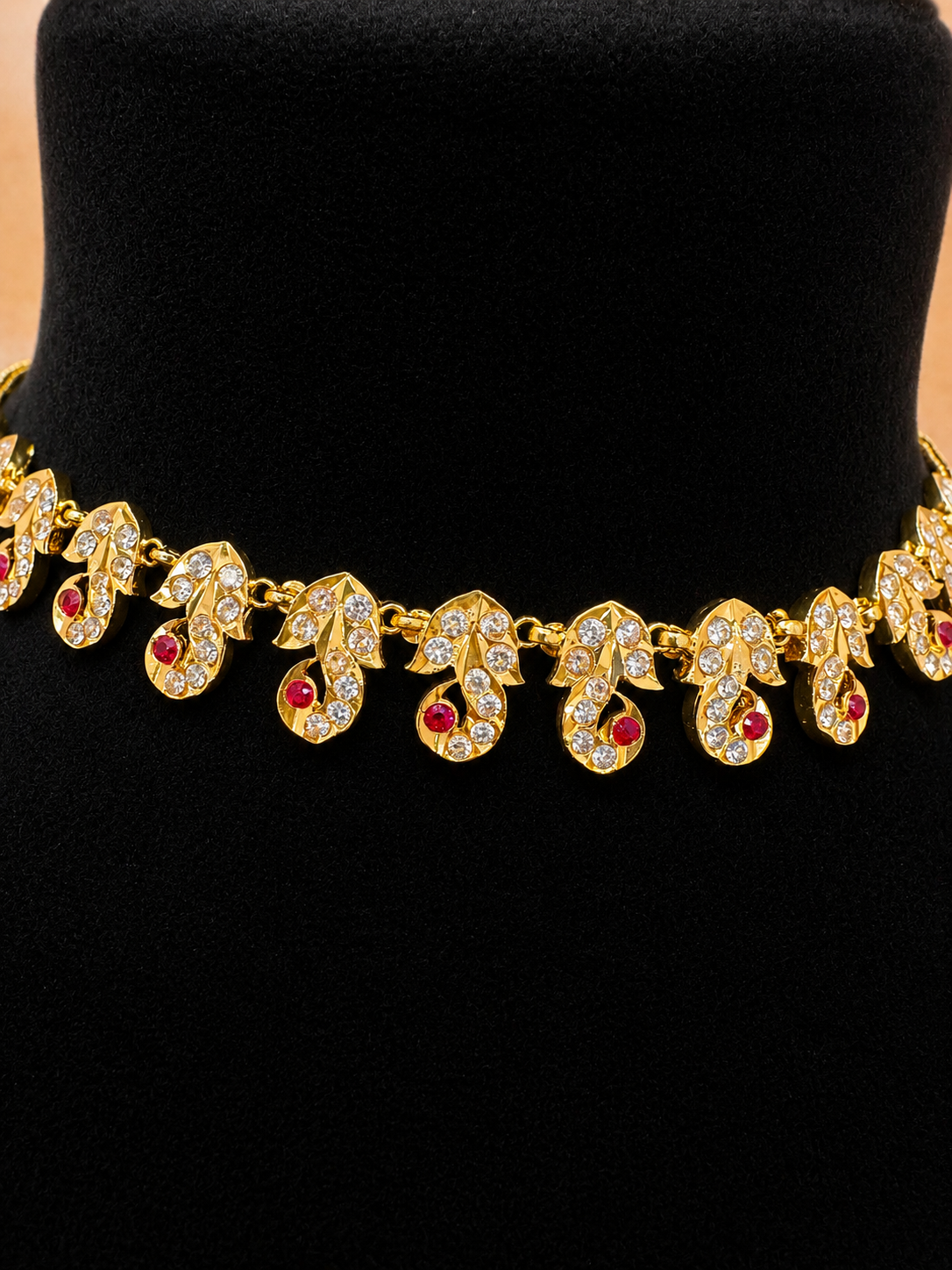 Impon Gold Plated Choker Necklace, South Indian Bridal Jewelry, Ruby White Stone Attigai, Temple Style Necklace - Image 2