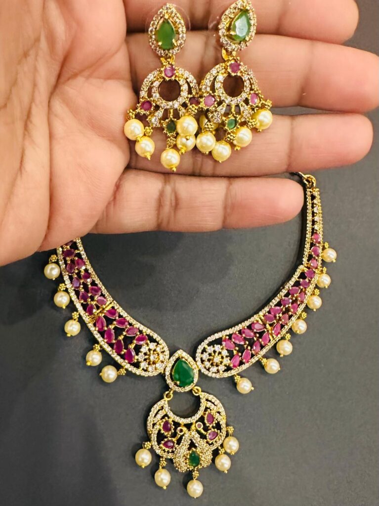 Gold Plated Ruby Emerald Short Necklace Set with Earrings, Indian Imitation Jewellery, Pearl Bridal Choker Jewelry