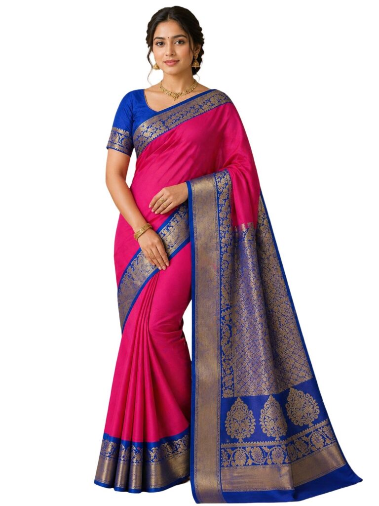 Pure Kanjivaram Silk Saree Silk Mark Certified Pink Blue Saree Handwoven South Indian Bridal Traditional Wedding Saree Gold Zari Border