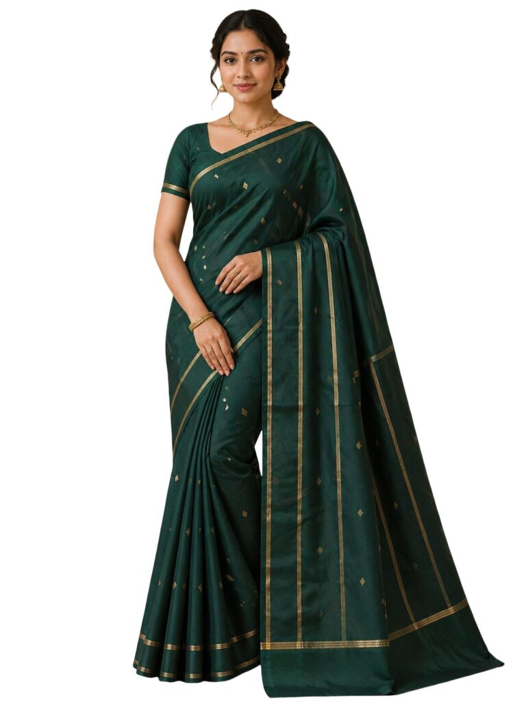 Pure Kanjivaram Silk Saree Dark Green Gold Zari Border Handloom Indian Wedding Saree Traditional Bridal Party Wear Saree