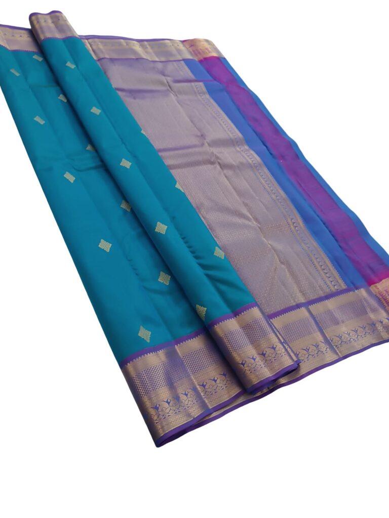 Pure Silk Kanjivaram Saree Teal Blue with Purple Border | Authentic Silk Mark Certified Kanchipuram Saree | Handwoven Zari Butta Saree