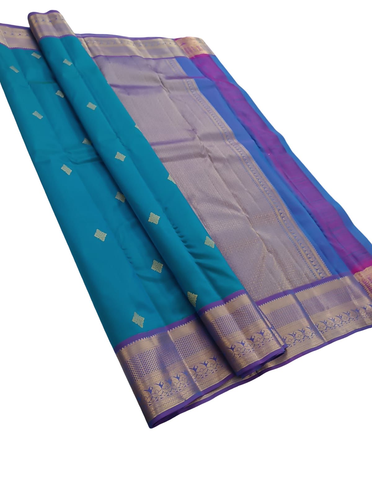 Pure Silk Kanjivaram Saree Teal Blue with Purple Border | Authentic Silk Mark Certified Kanchipuram Saree | Handwoven Zari Butta Saree - Image 2