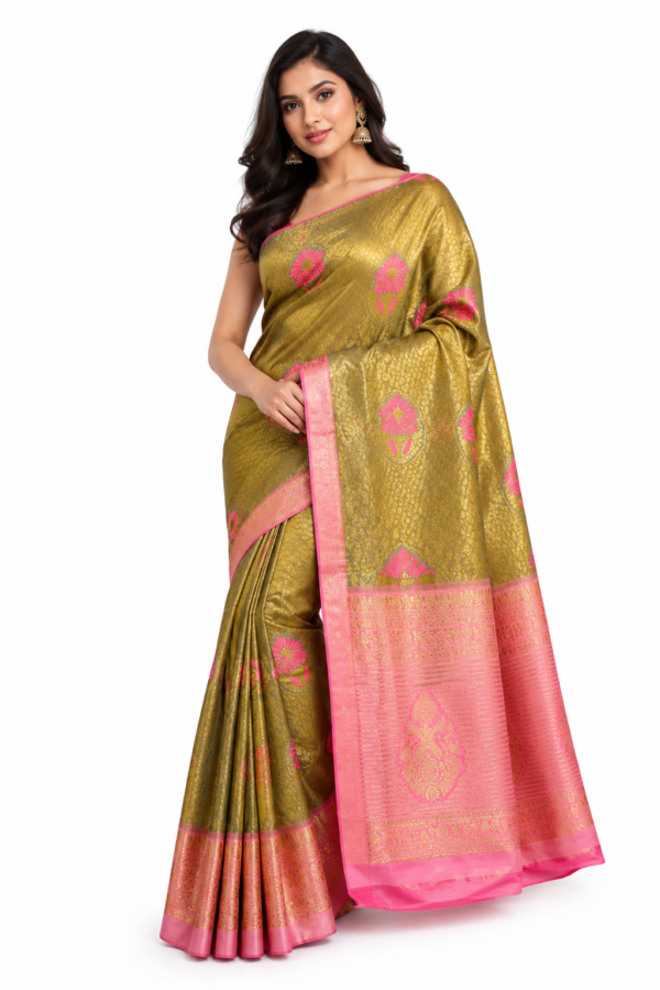 Kanchipuram Semi Silk Saree Olive Gold Pink Zari Saree Traditional Indian Wedding Saree Party Wear Unstitched Blouse