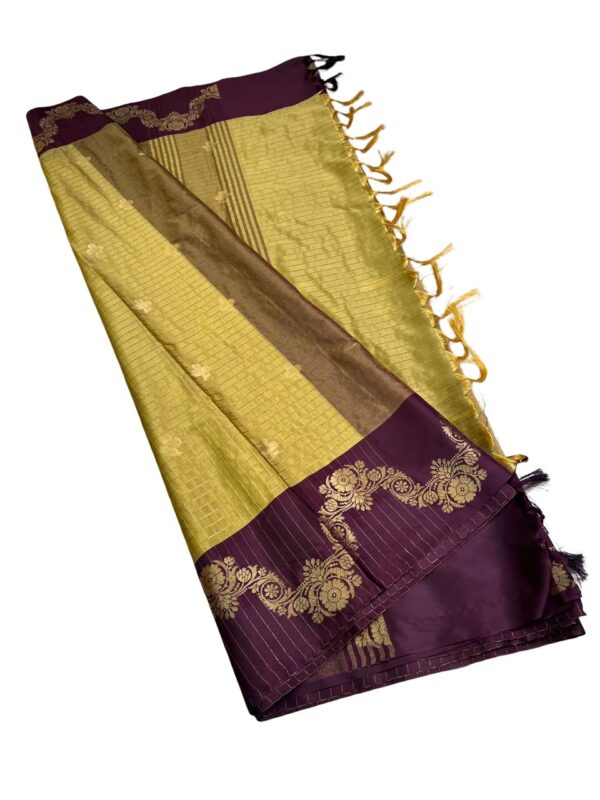 Mustard Gold Kattan Silk Saree with Purple Zari Border, Traditional Indian Silk Saree, Wedding Party Wear Saree - Image 4