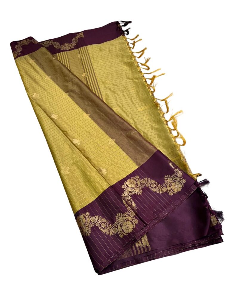 Mustard Gold Kattan Silk Saree with Purple Zari Border, Traditional Indian Silk Saree, Wedding Party Wear Saree