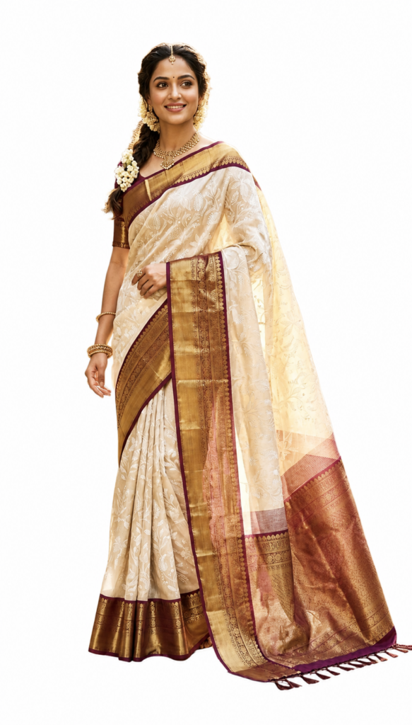 Cream Tissue Silk Saree Gold Zari Border Traditional Indian Wedding Saree South Indian Festive Party Wear Saree