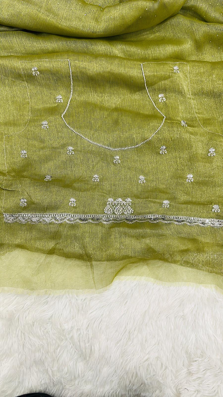 Olive Green Stone Work Saree for Women, Party Wear Designer Saree, Shimmer Saree with Embroidery Border and Blouse - Image 2