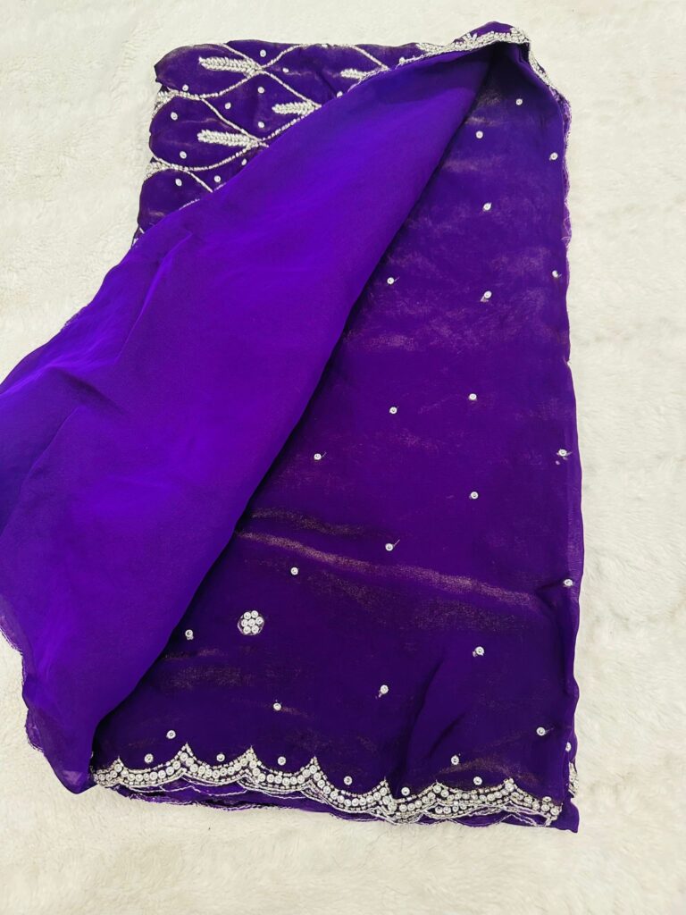Premium Purple Space Silk Saree with Silver Embroidery, Unstitched Blouse, Designer Party Wear Indian Saree