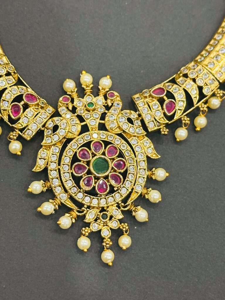 Kemp Necklace Set with Earrings, South Indian Temple Jewelry, Gold Plated Bridal Necklace, Ruby Green Stone Jewelry