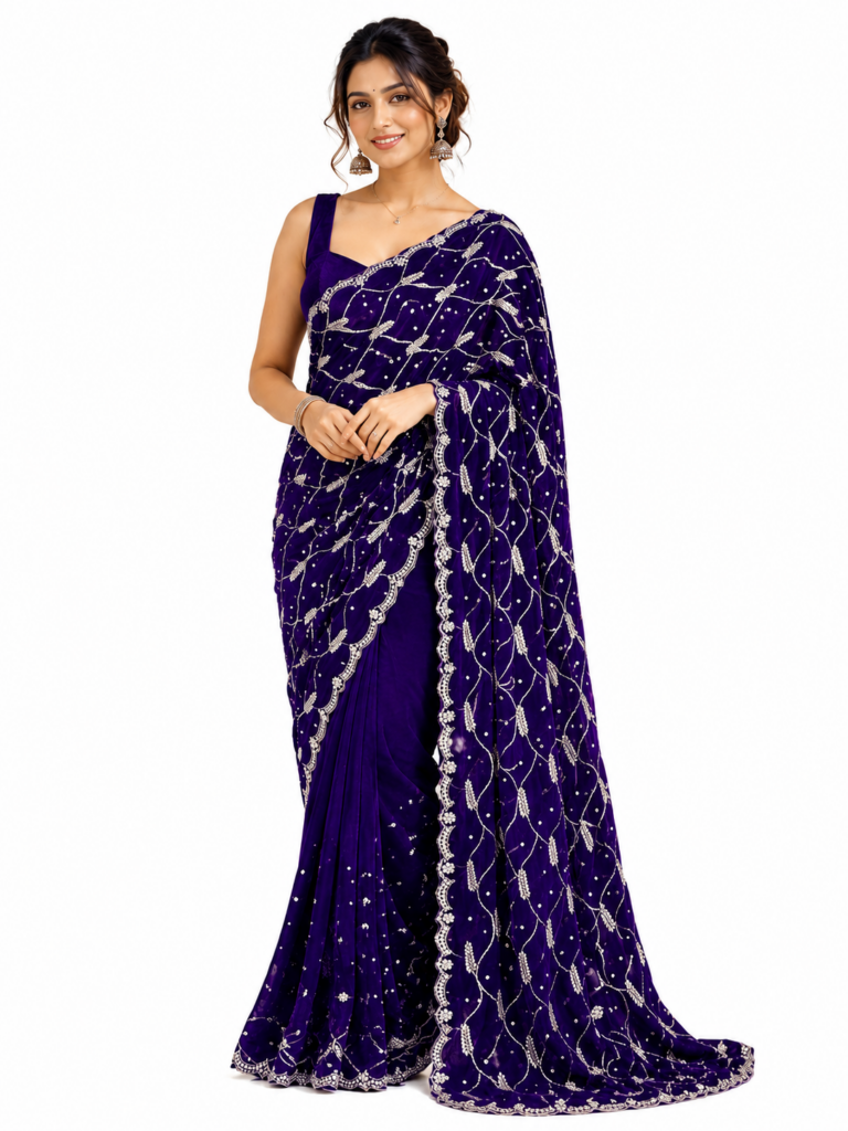 Premium Purple Space Silk Saree with Silver Embroidery, Unstitched Blouse, Designer Party Wear Indian Saree