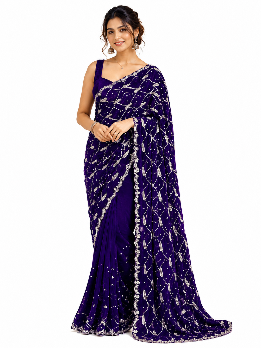 Premium Purple Space Silk Saree with Silver Embroidery, Unstitched Blouse, Designer Party Wear Indian Saree - Image 1