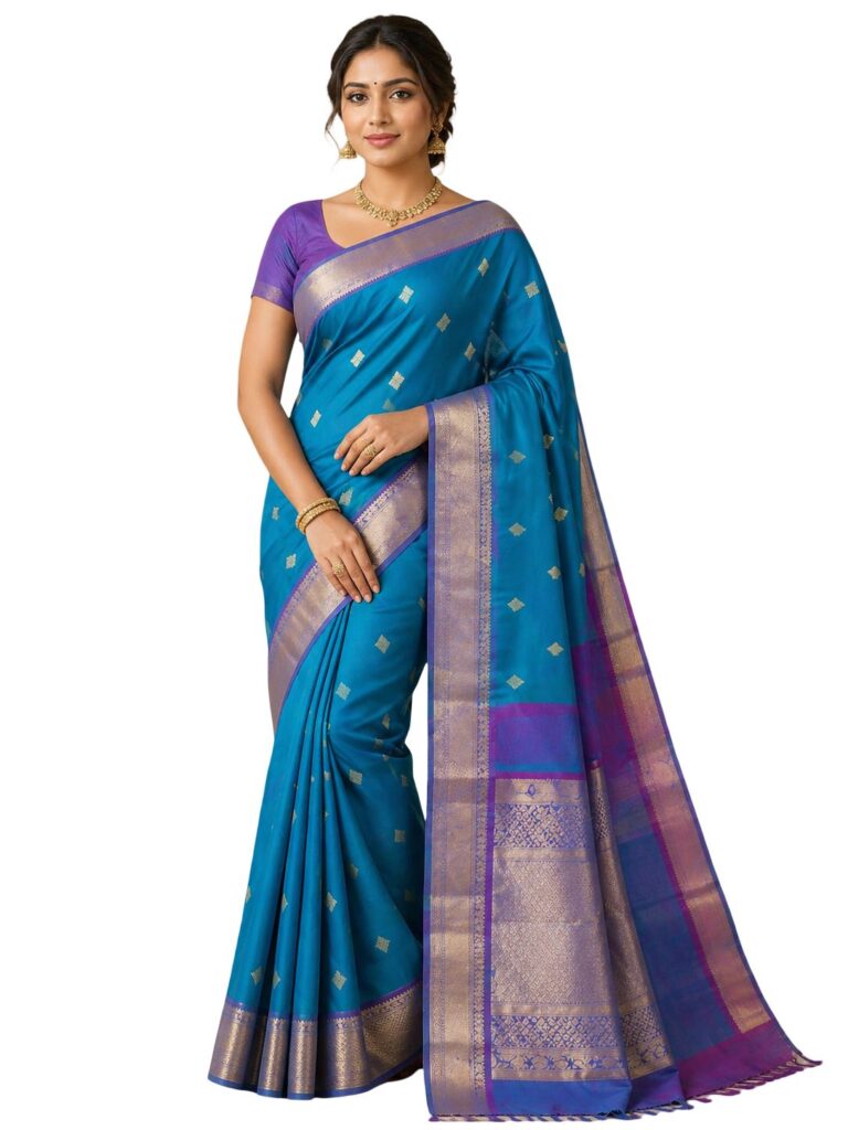 Pure Silk Kanjivaram Saree Teal Blue with Purple Border | Authentic Silk Mark Certified Kanchipuram Saree | Handwoven Zari Butta Saree