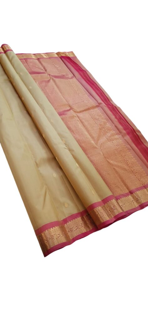 Pure Silkmark Kanjivaram Saree Beige Gold Pink Border Handloom Bridal Saree South Indian Silk Saree Wedding Party Wear Gift