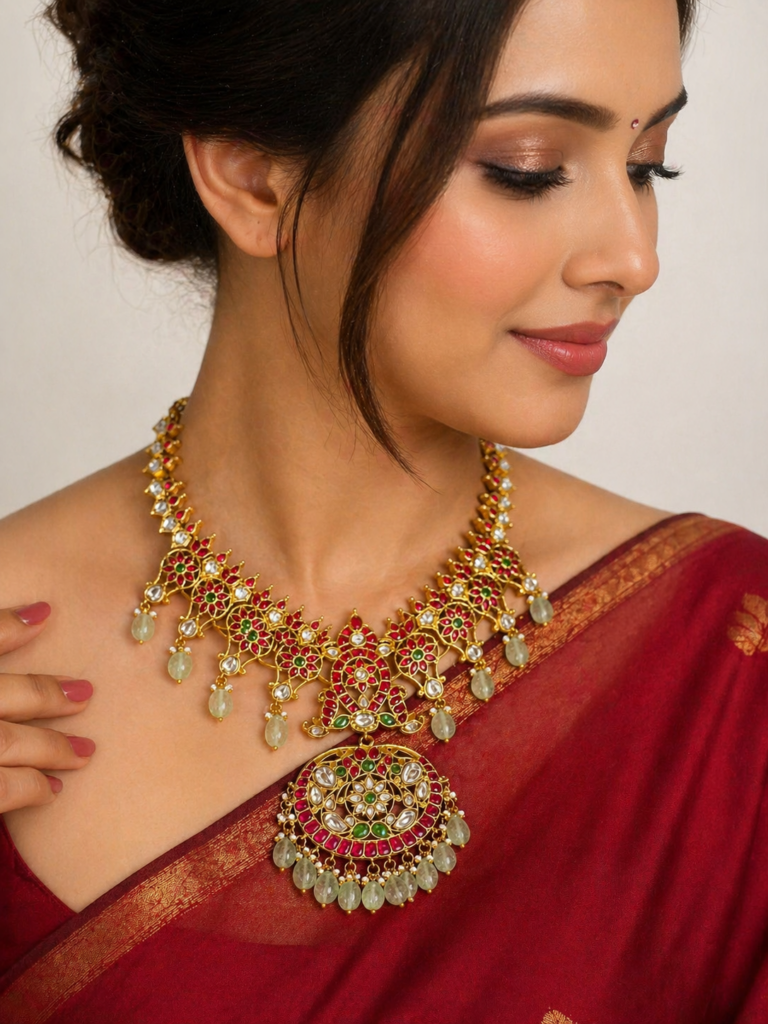 Jadau Kundan Necklace Bridal Indian Jewelry, Temple Style Statement Necklace, Ruby Green Stone Gold Choker, Wedding Necklace