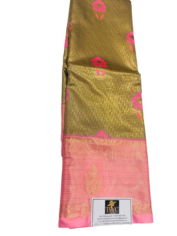 Kanchipuram Semi Silk Saree Olive Gold Pink Zari Saree Traditional Indian Wedding Saree Party Wear Unstitched Blouse - Image 3