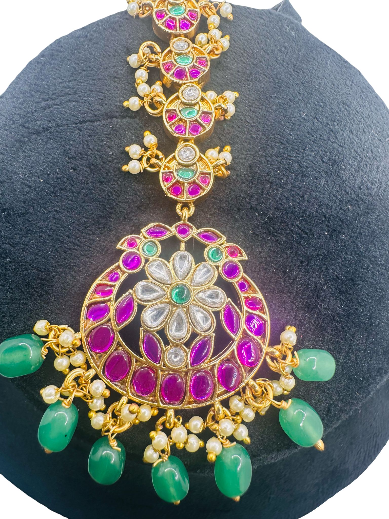 Traditional Jadau Tikka Maang Tikka Gold Plated Kundan Polki Headpiece Bridal Indian Jewelry Green Beads Ruby Pink Stones Wedding - Image 3