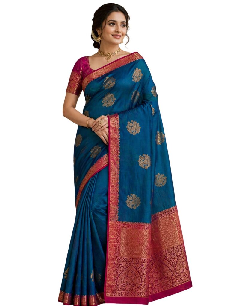 Pure Silk Kanjivaram Saree Silk Mark Certified Teal Blue Pink Zari Border Bridal South Indian Wedding Traditional Handloom Saree