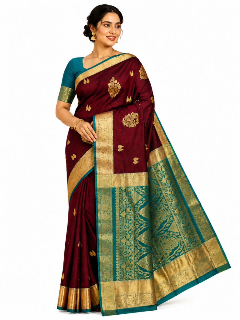 Kanchipuram Silk Saree Maroon Teal Blue Wedding Saree Gold Zari Woven South Indian Bridal Saree for Women