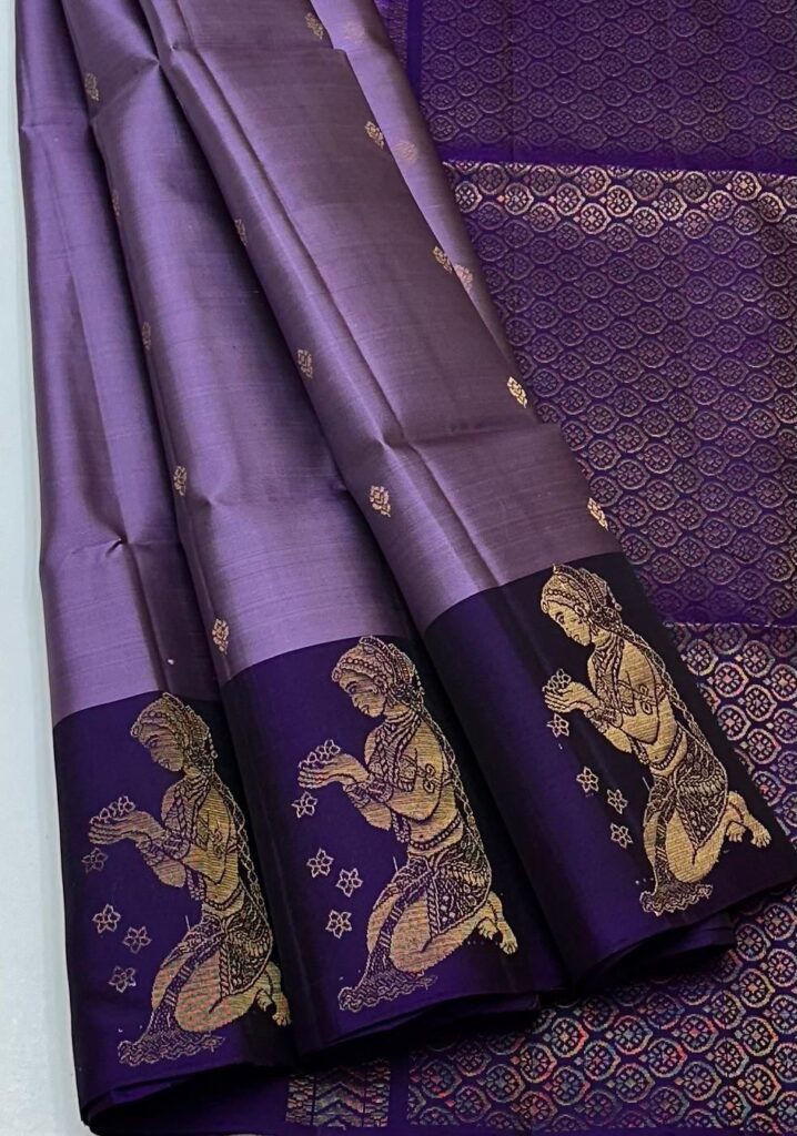 Pure Kanchipuram Silk Saree Silk Mark Certified Lavender Deep Purple Zari Border Traditional Bridal Saree