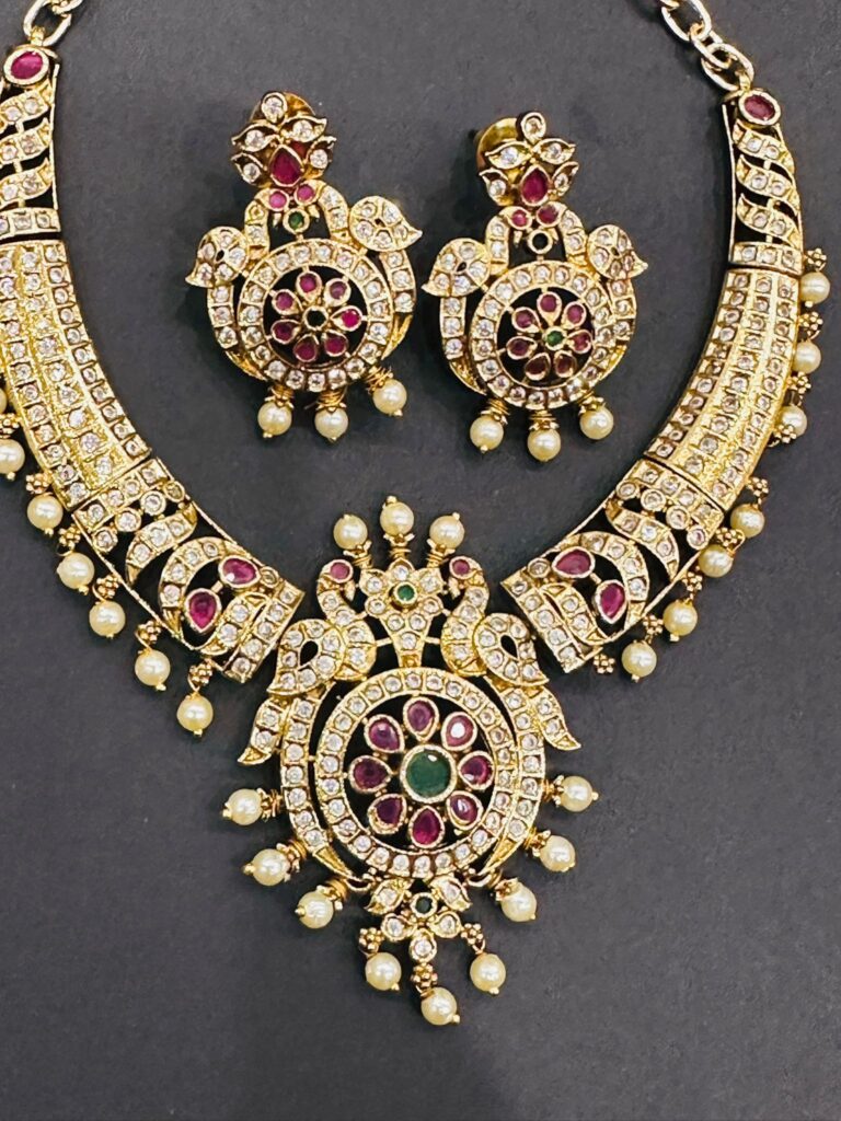 Kemp Necklace Set with Earrings, South Indian Temple Jewelry, Gold Plated Bridal Necklace, Ruby Green Stone Jewelry