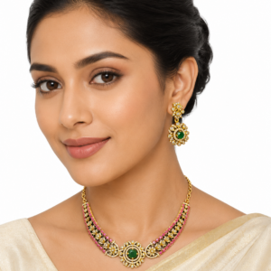 Ruby Emerald Necklace Set, Indian Bridal Jewelry, Gold Plated Choker Set, Wedding Necklace Earrings, Traditional Jewelry