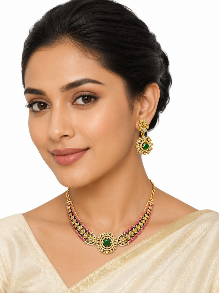 Ruby Emerald Necklace Set, Indian Bridal Jewelry, Gold Plated Choker Set, Wedding Necklace Earrings, Traditional Jewelry