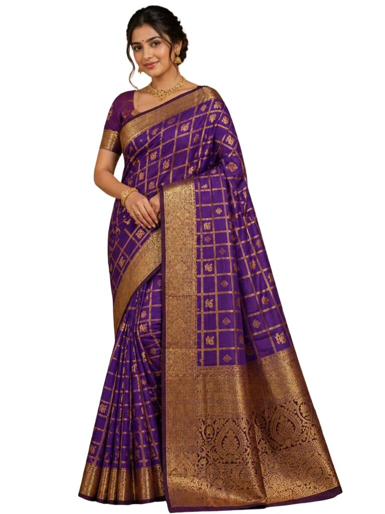 Purple Gold Kanchipuram Silk Saree, Traditional South Indian Wedding Saree, Zari Border Silk Saree for Women