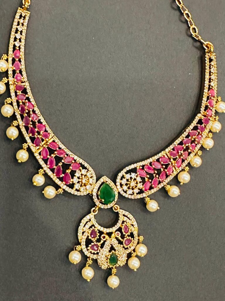 Gold Plated Ruby Emerald Short Necklace Set with Earrings, Indian Imitation Jewellery, Pearl Bridal Choker Jewelry