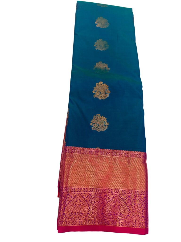 Pure Silk Kanjivaram Saree Silk Mark Certified Teal Blue Pink Zari Border Bridal South Indian Wedding Traditional Handloom Saree
