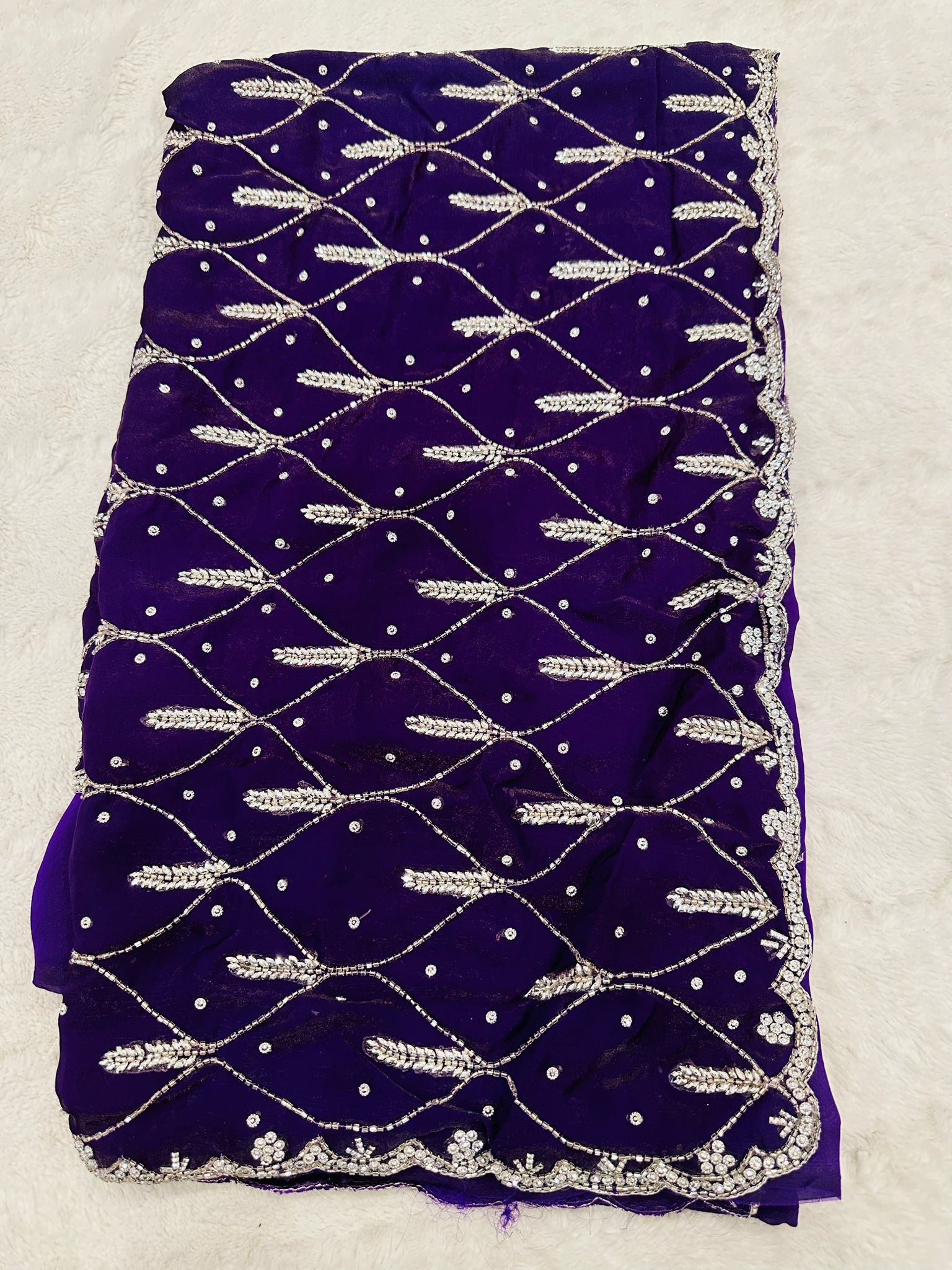 Premium Purple Space Silk Saree with Silver Embroidery, Unstitched Blouse, Designer Party Wear Indian Saree - Image 4